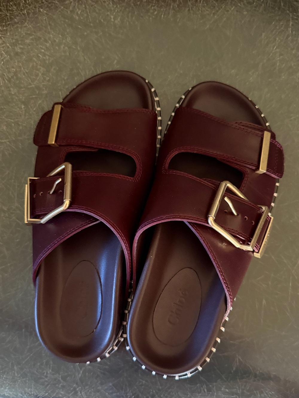 Chloe Rebecca Women's Double Buckle Slide Sandals in Burgundy size 37
